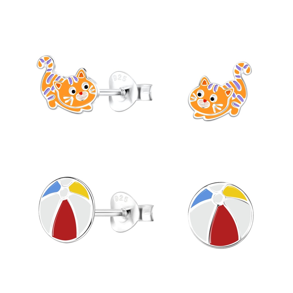 [10022260] Silver Cat Stud Earrings Set