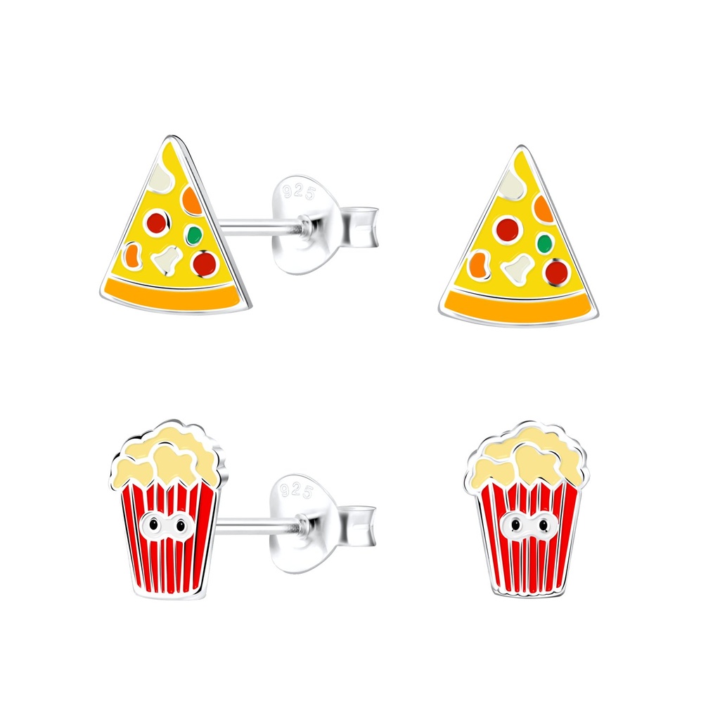 Silver Pizza and Popcorn Stud Earrings Set