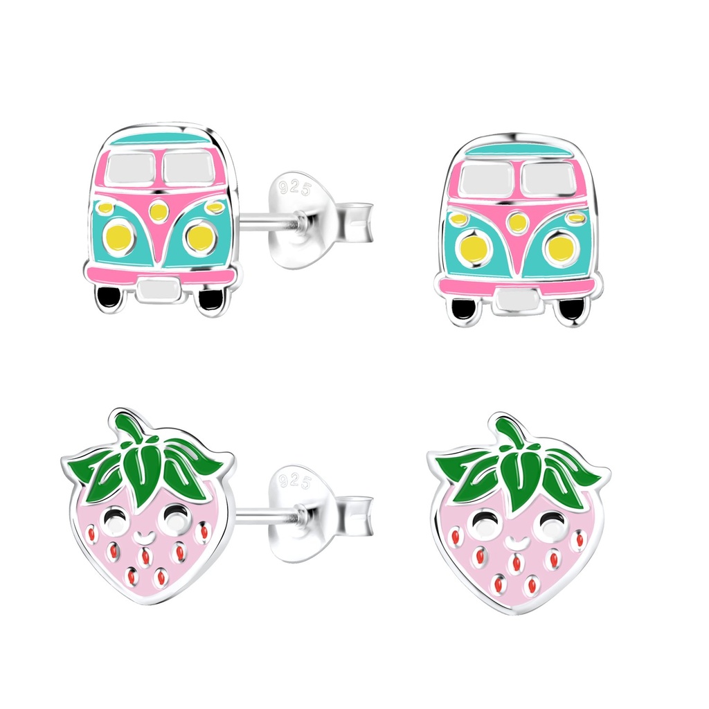 Silver Pink Lover Stud Earrings Set