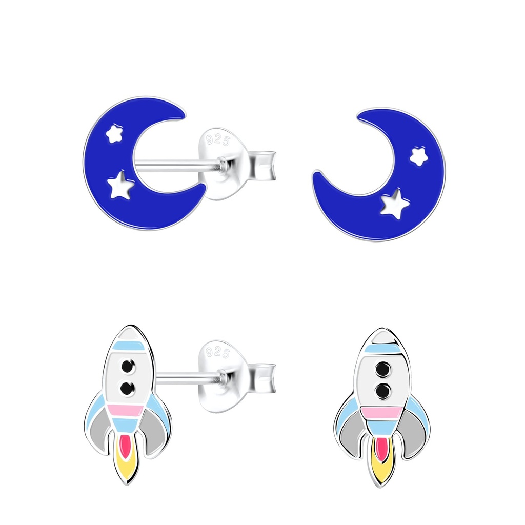 [10022254] Silver Moon and Rocket Stud Earrings Set