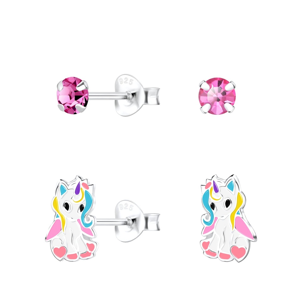 Silver Unicorn Stud Earrings Set
