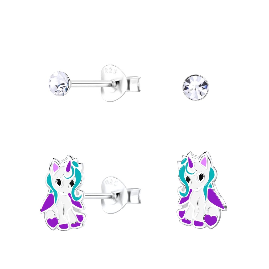Silver Unicorn Stud Earrings Set