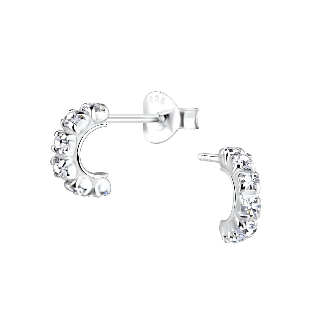 Silver Half Hoop Crystal Stud Earrings