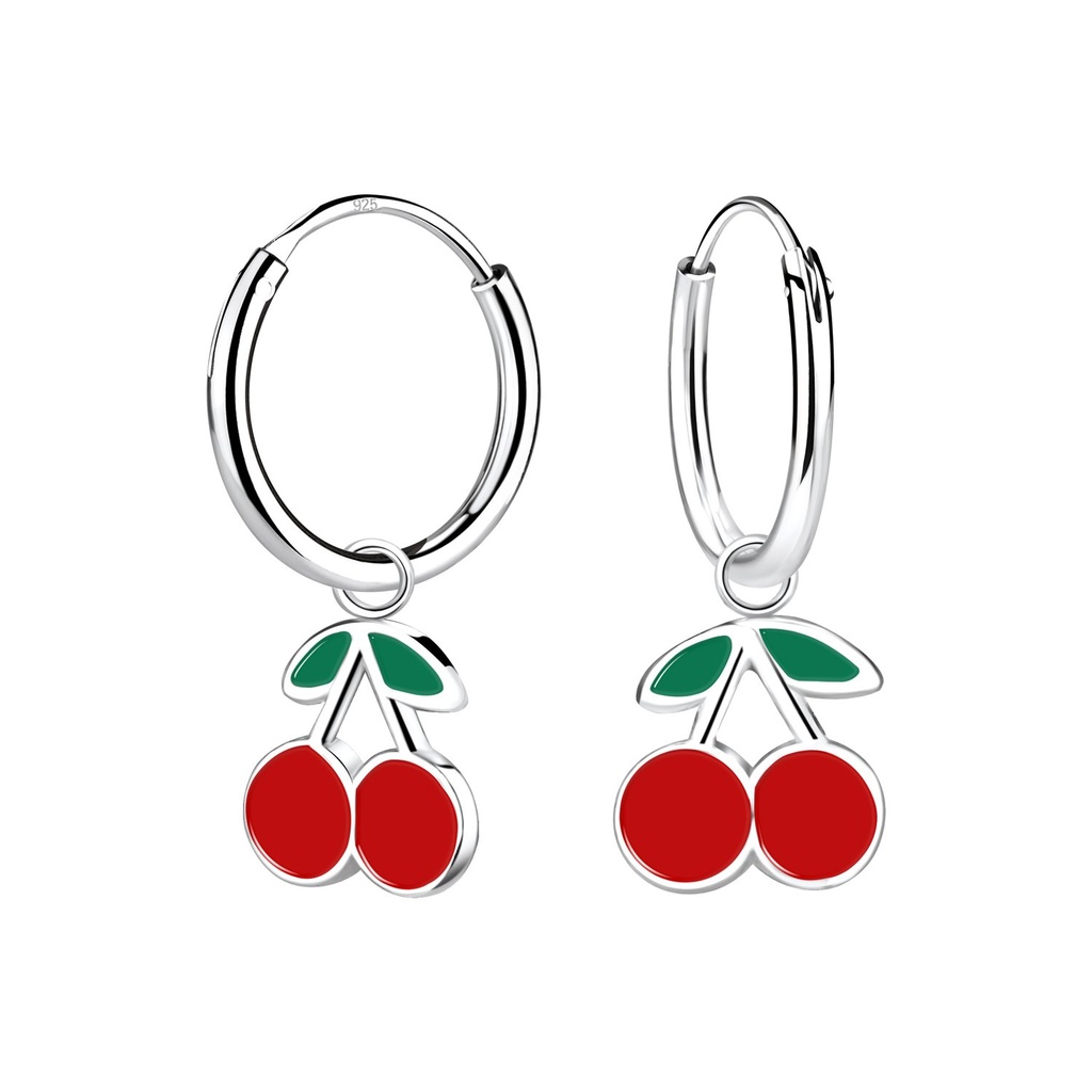 Silver Cherry Charm Hoop Earrings