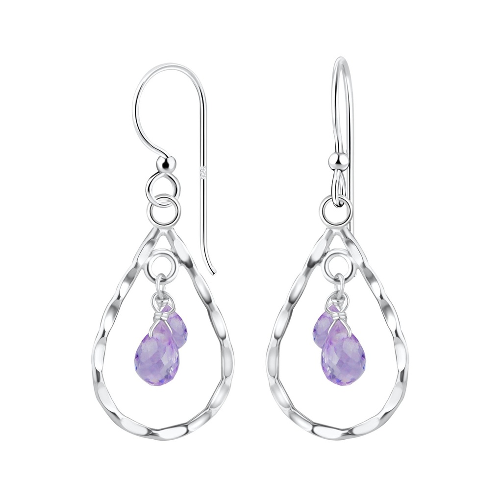 [10011076] Silver Tear Drop Earrings with Precious Stone