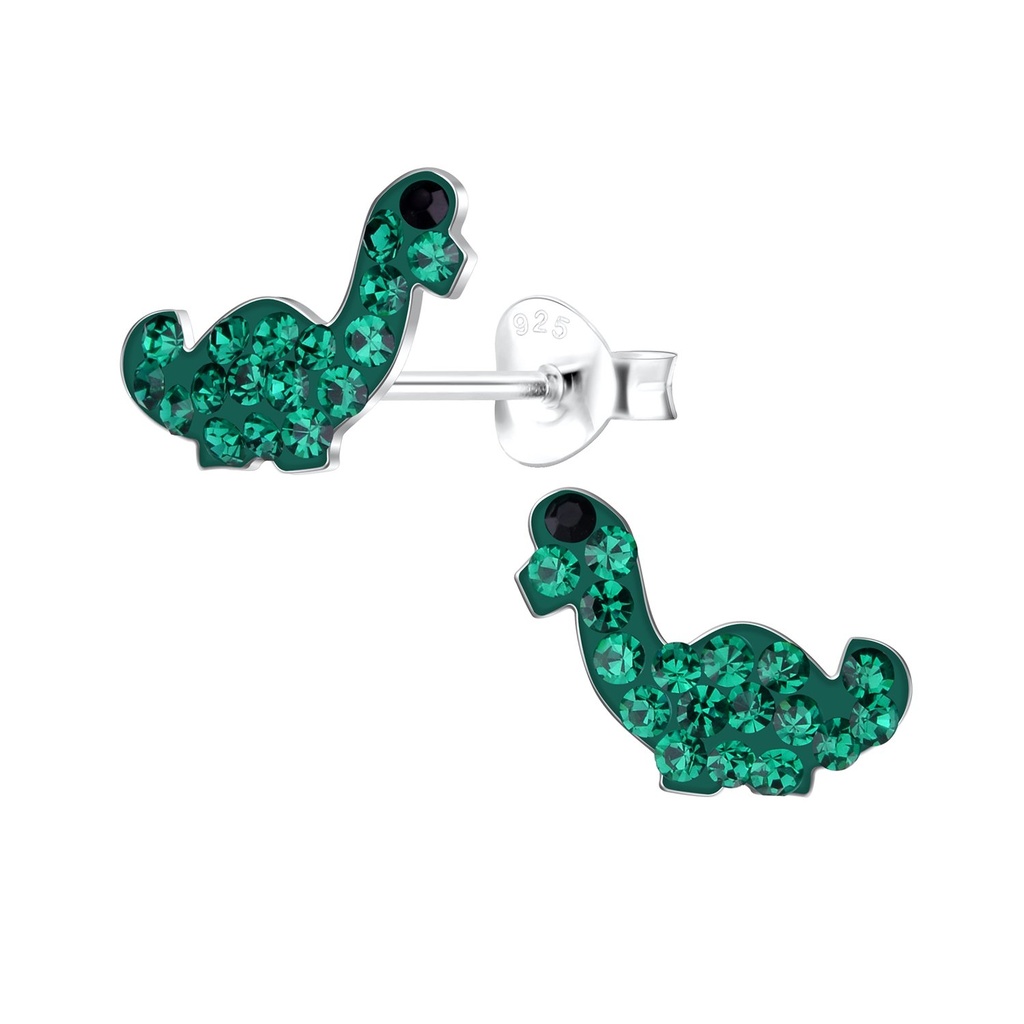 Silver Brachiosaurus Dinosaur Crystal Stud Earrings