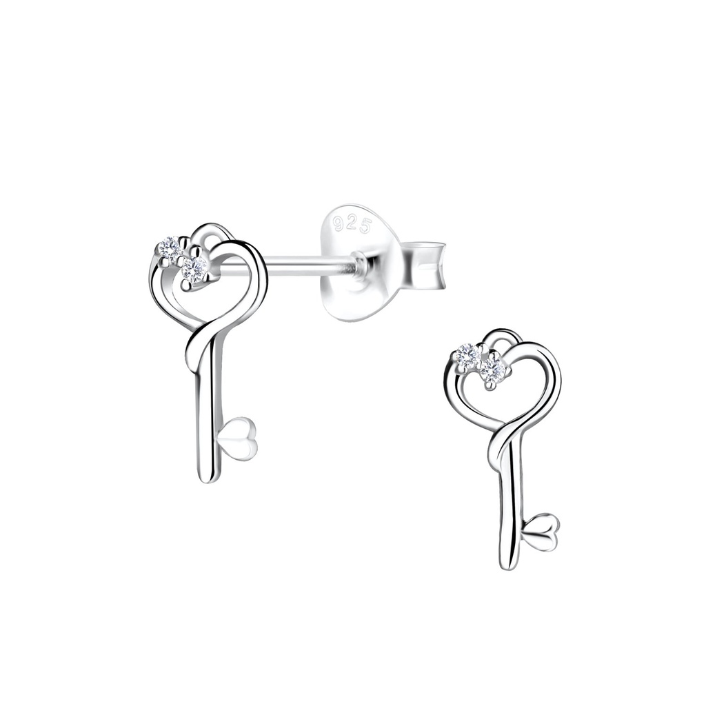 Silver Heart Key Stud Earrings