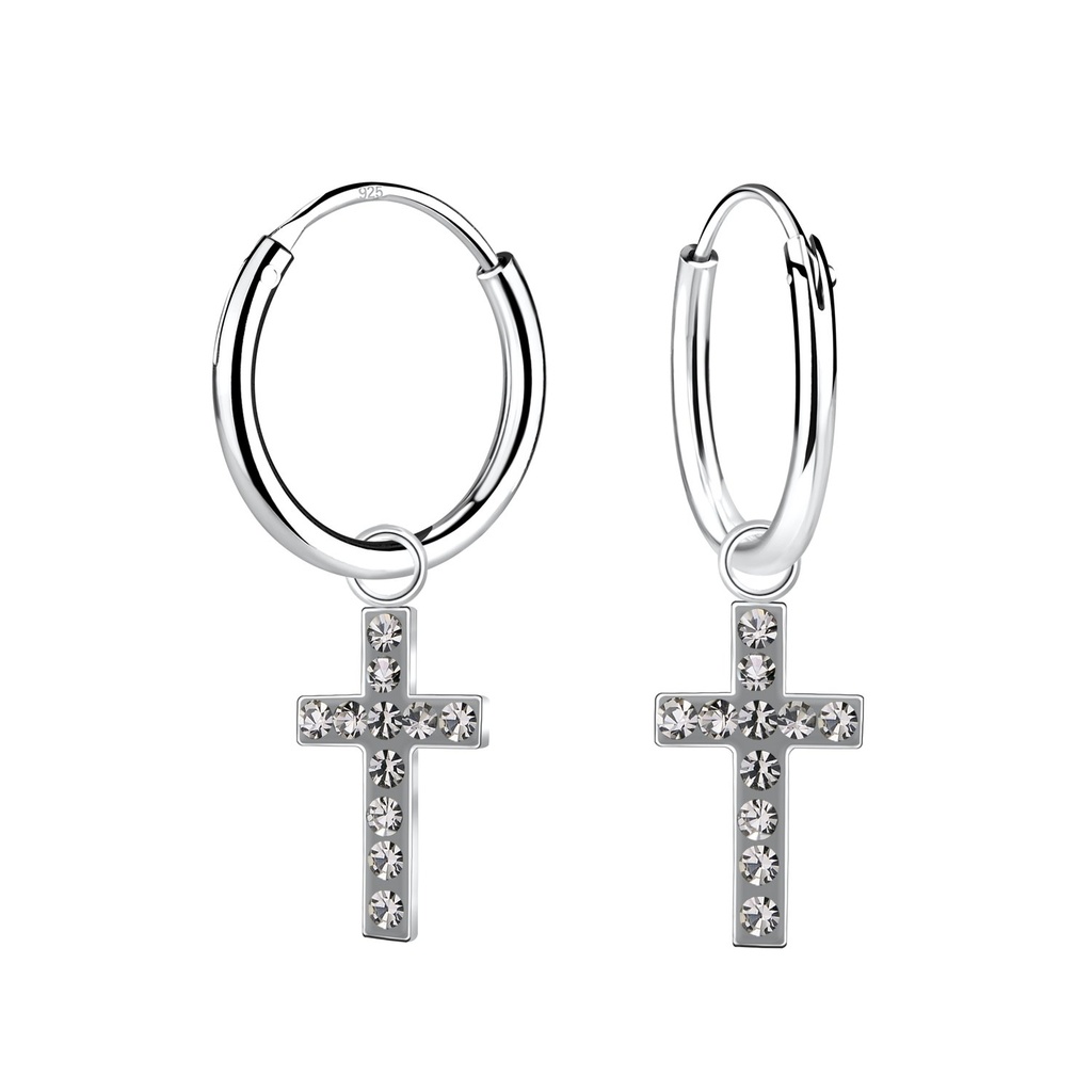 Créoles breloque croix en argent cristal