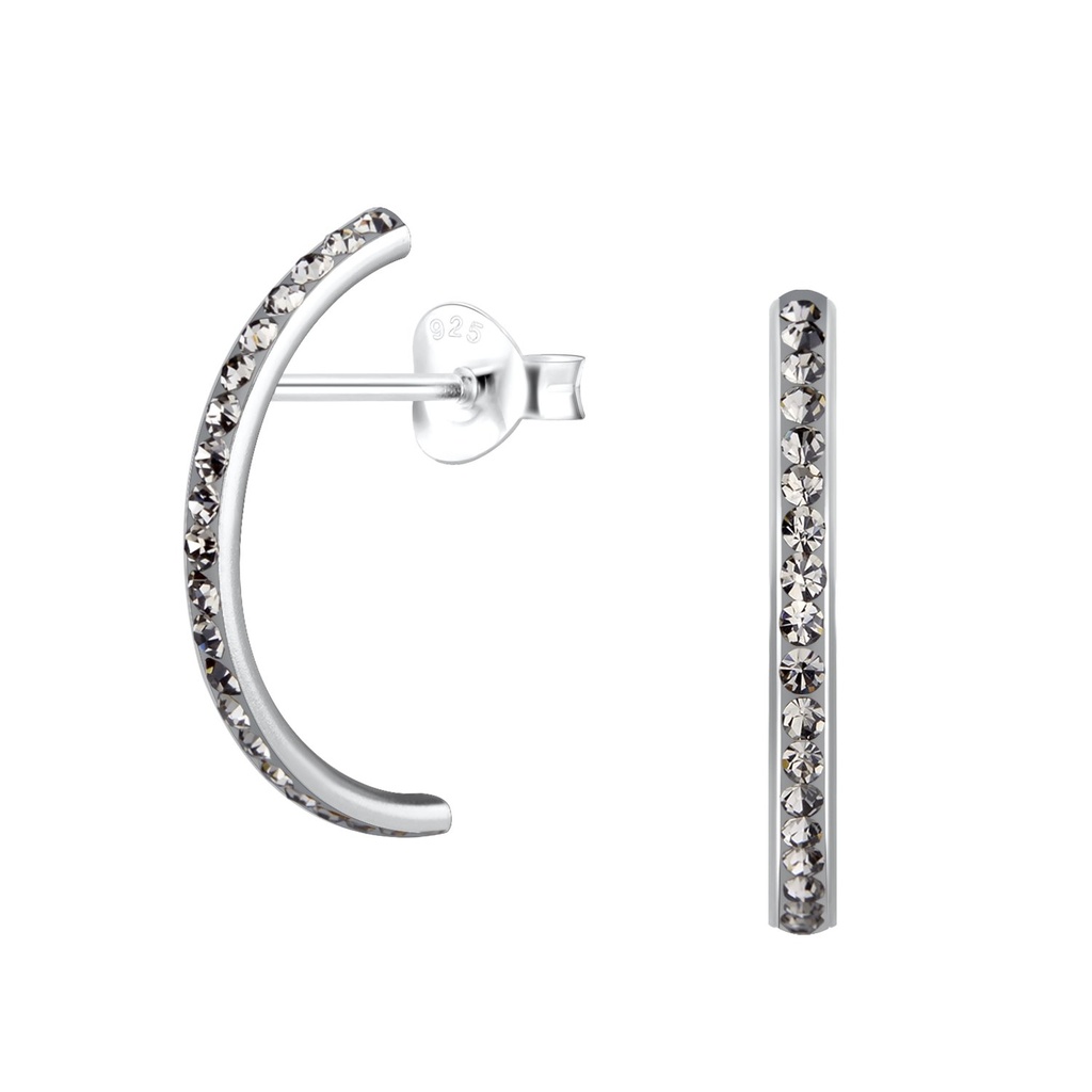 [10015764] Silver Curved Crystal Stud Earrings (Black Diamond)