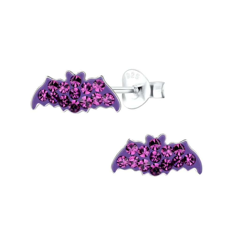 Silver Bat Crystal Stud Earrings