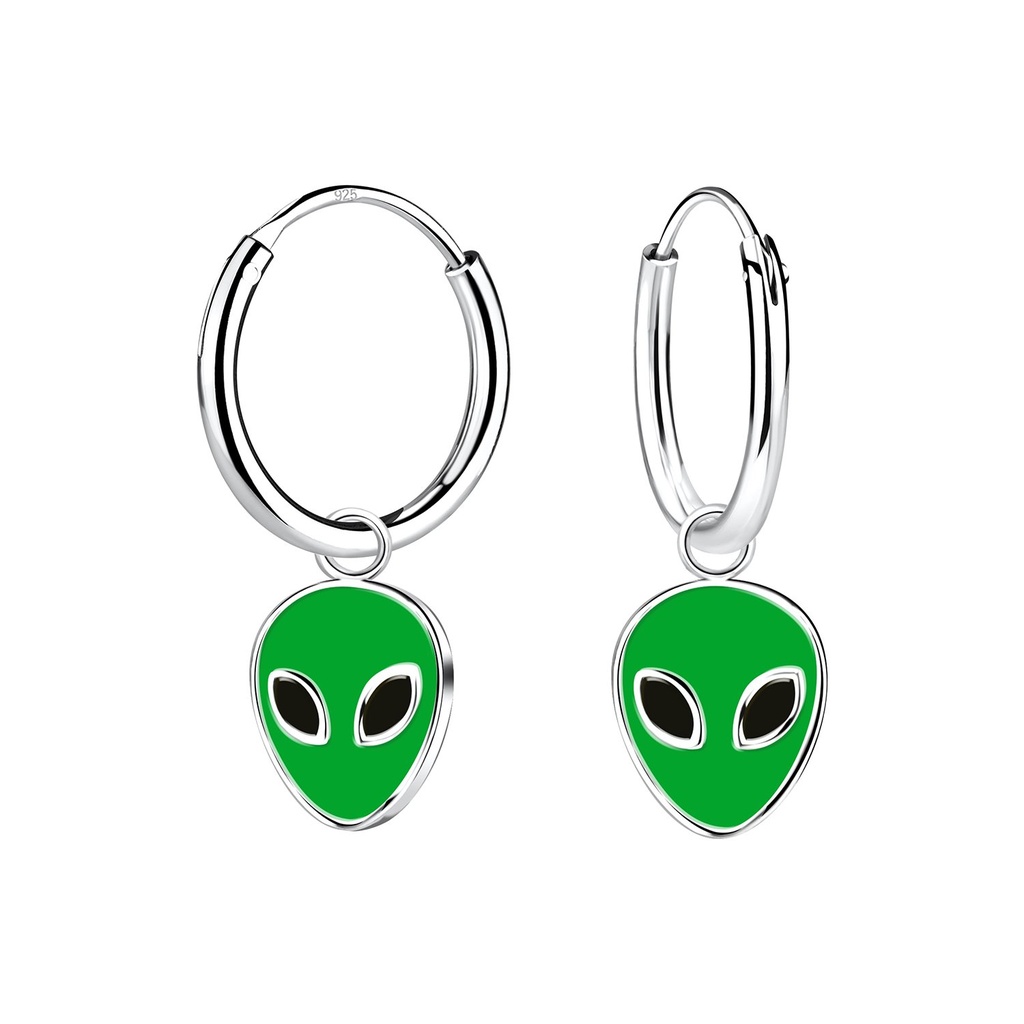 Silver Alien Charm Hoop Earrings