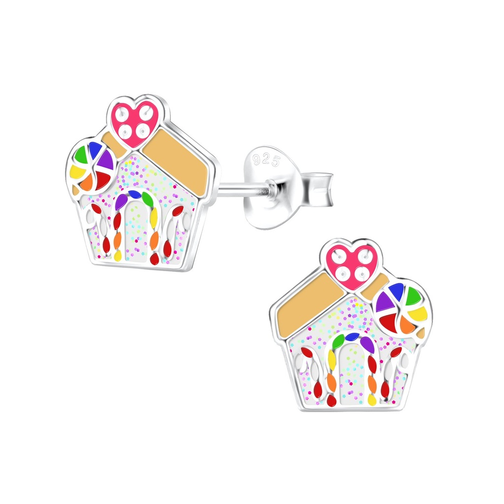 [10017273] Silver Gingerbread House Stud Earrings