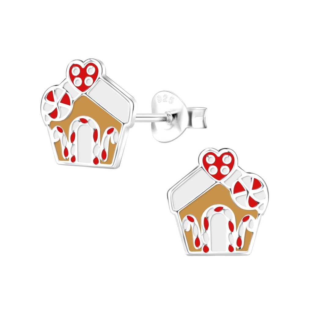 [10016902] Silver Gingerbread House Stud Earrings