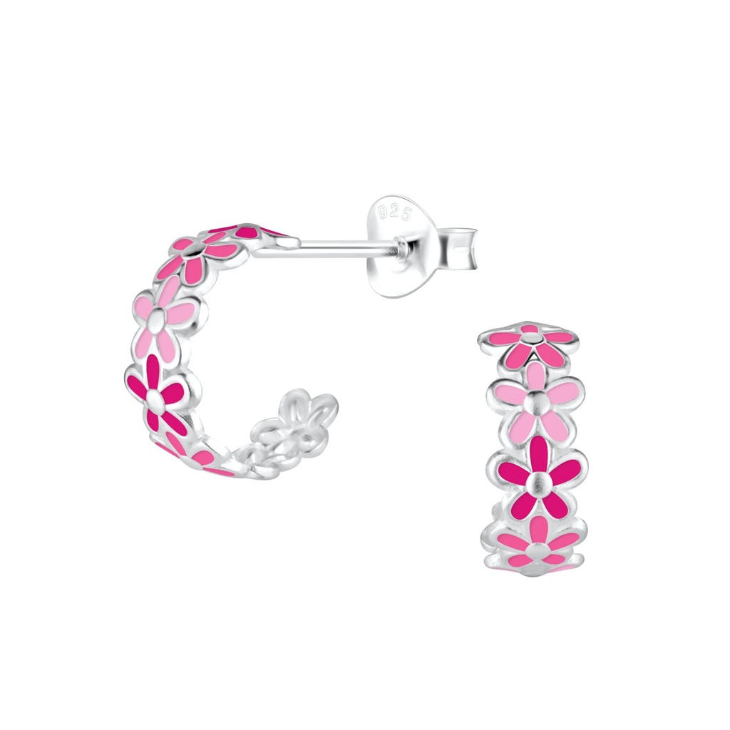 Silver Flower Half Hoop Stud Earrings