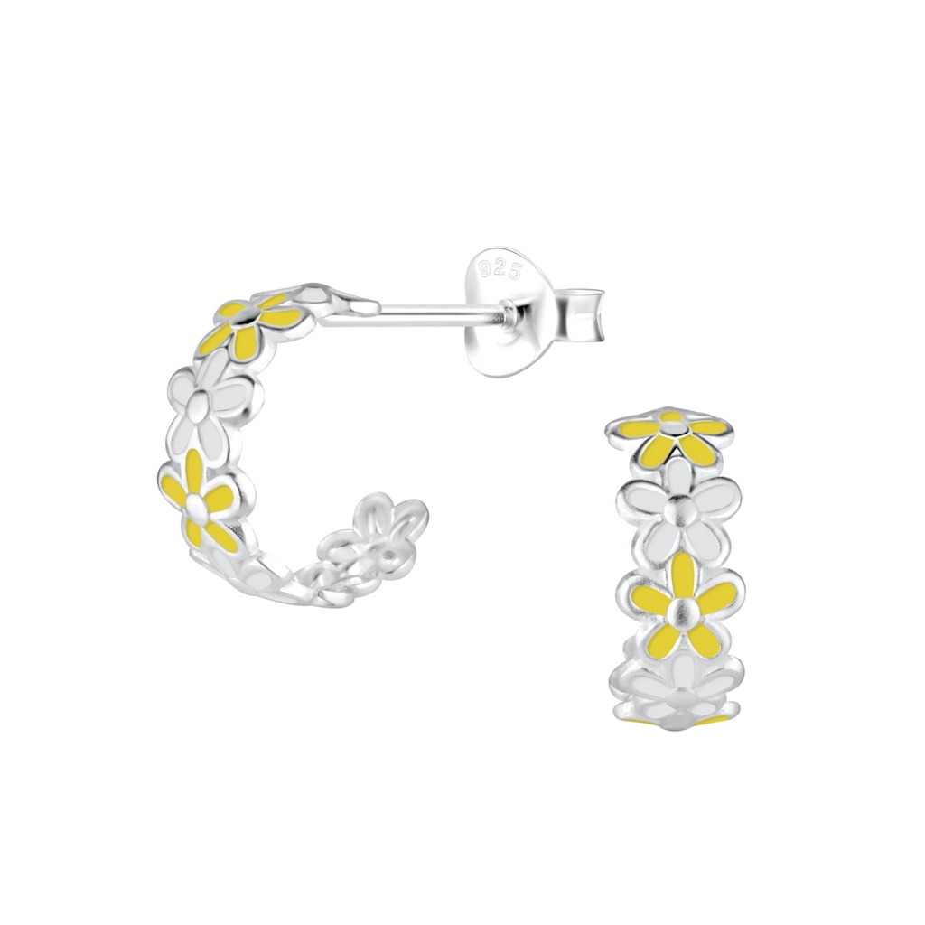 Silver Flower Half Hoop Stud Earrings