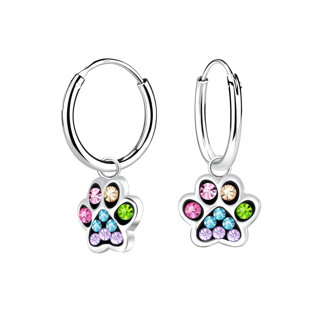 Silver Paw Print Charm Hoop Earrings