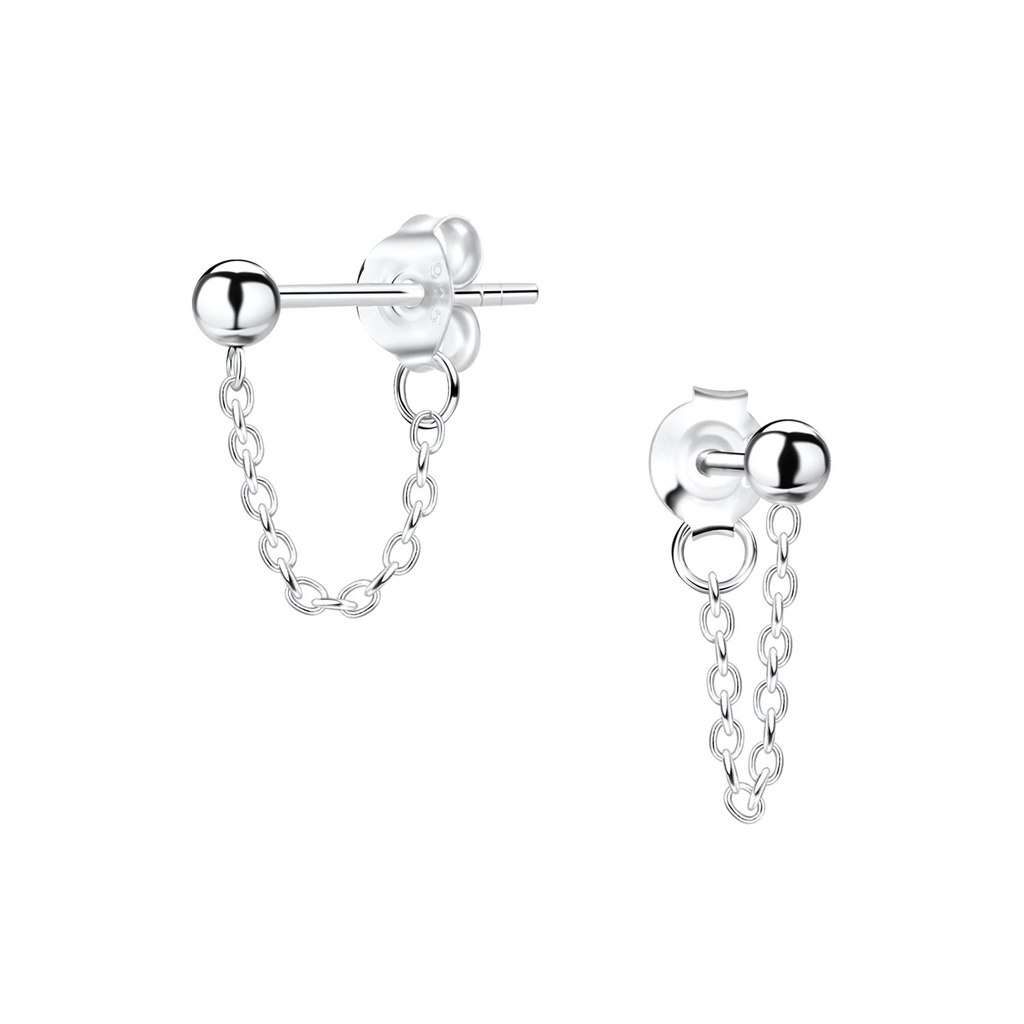 3mm Ball Silver Stud Earrings with Chain