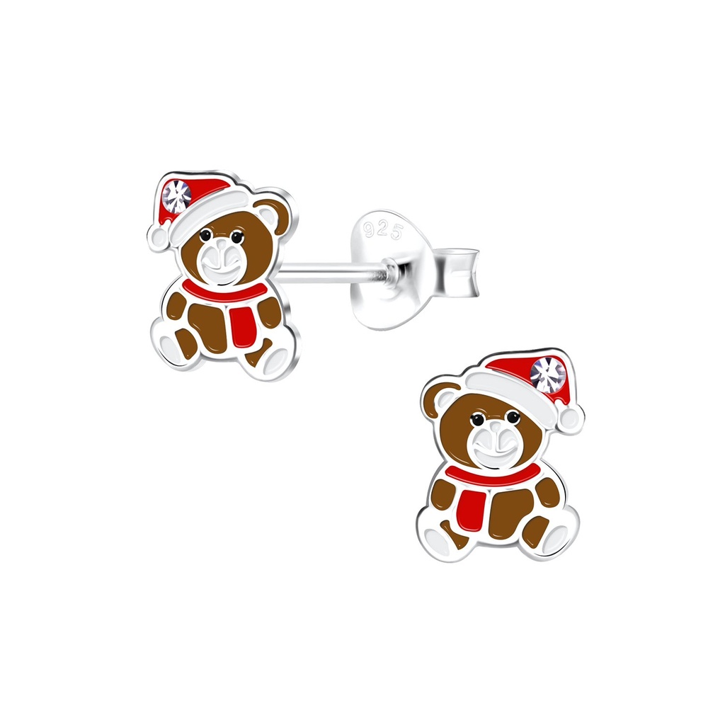 Silver Christmas Bear Stud Earrings