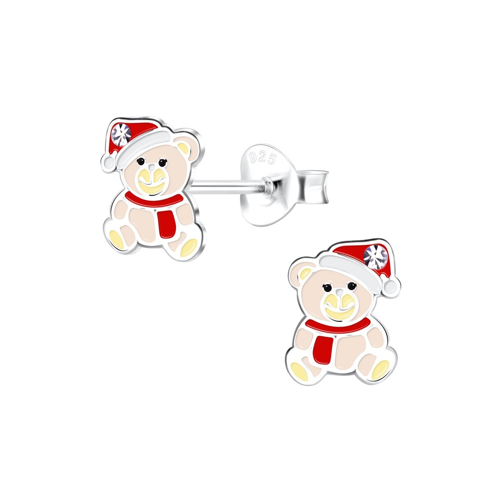 Silver Christmas Bear Stud Earrings