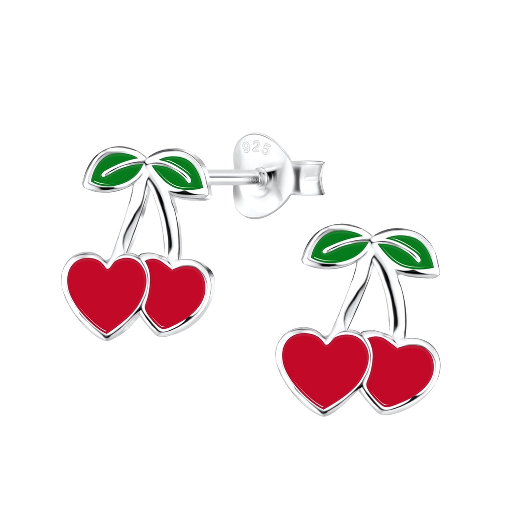 Silver Cherry Heart Stud Earrings