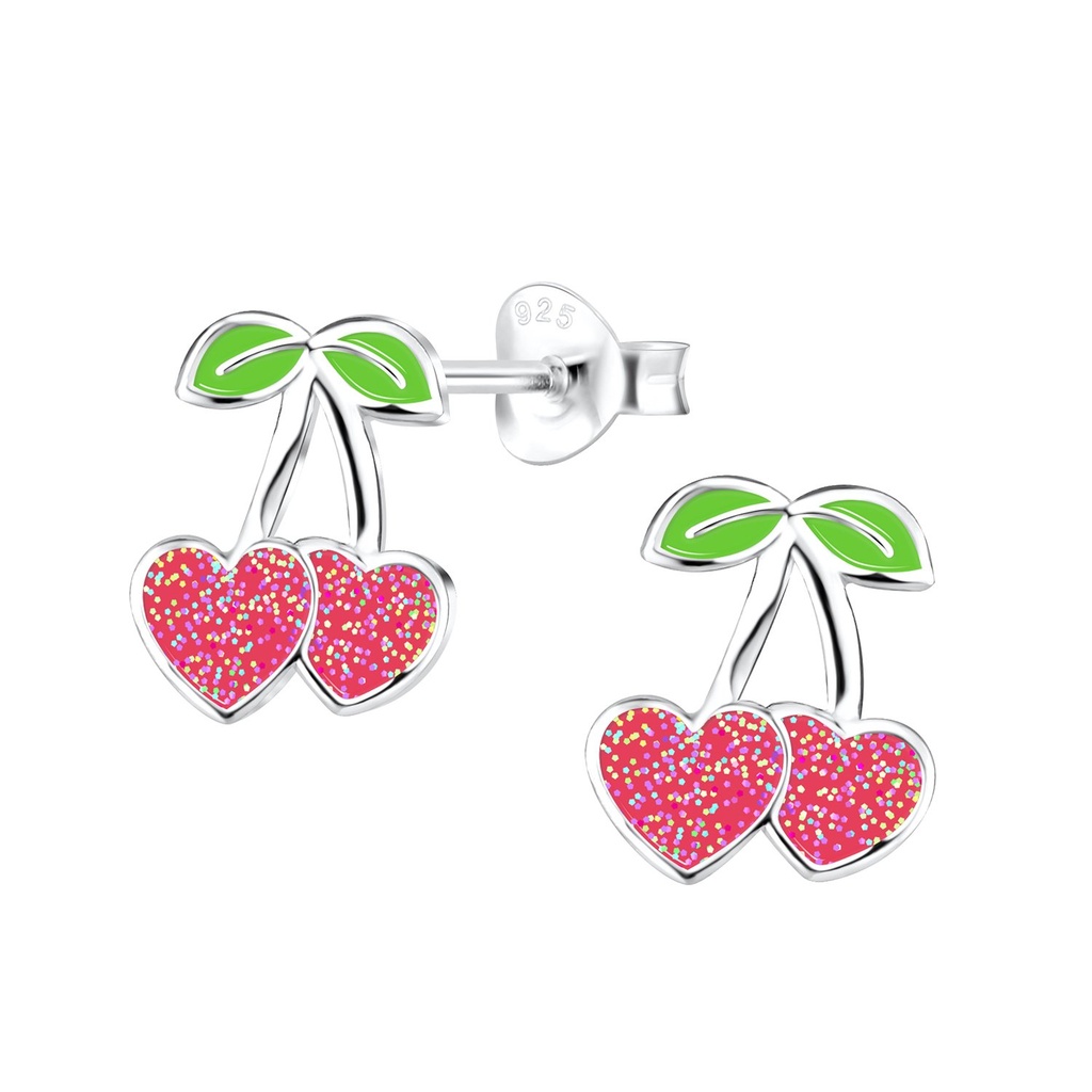 Silver Cherry Heart Stud Earrings