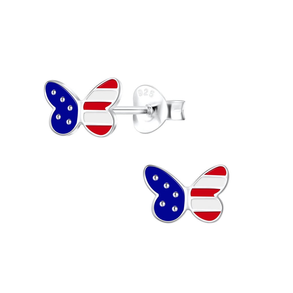 Silver USA Flag Butterfly Stud Earrings