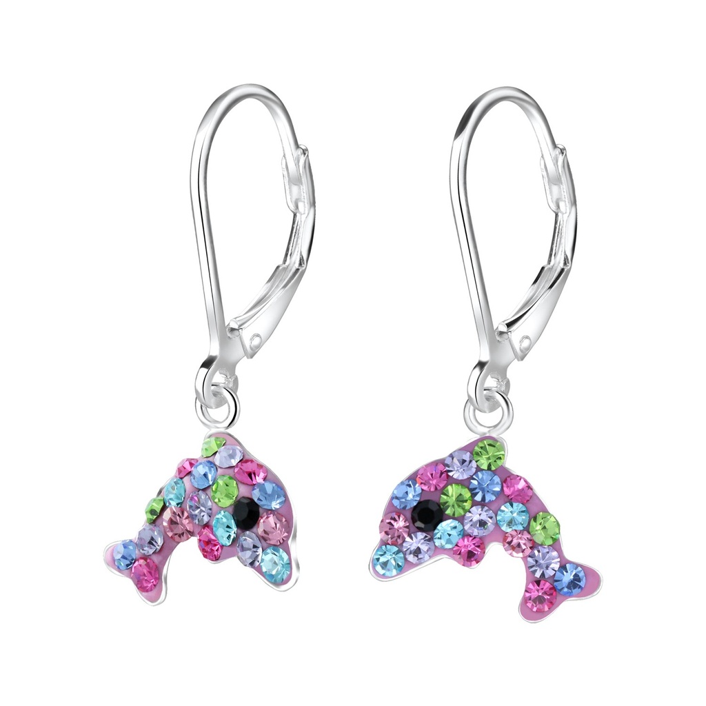 Silver Dolphin Crystal Lever Back Earrings