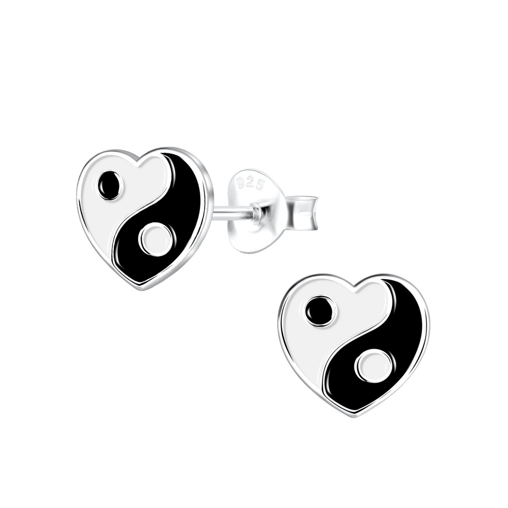 Puces d'oreilles cœur yin yang en argent