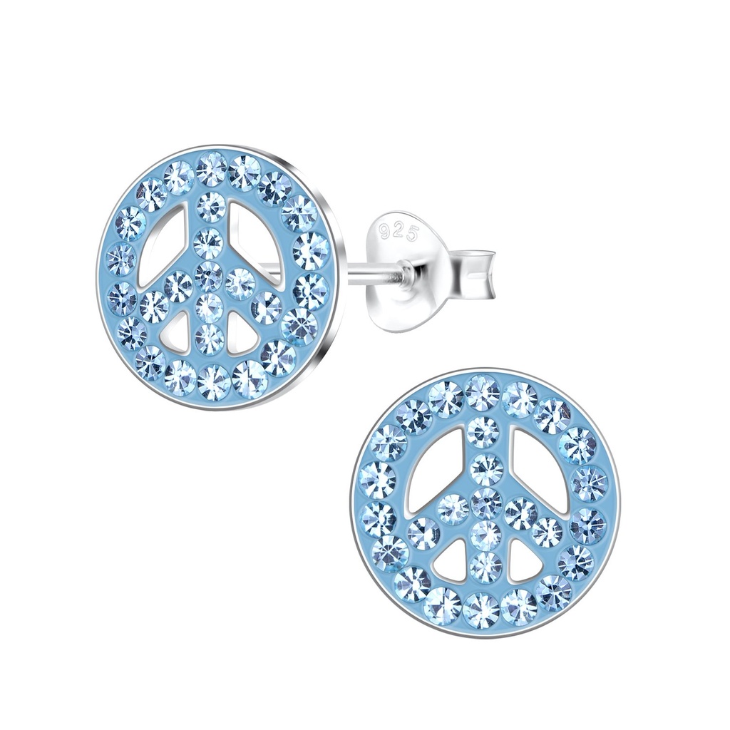 Silver Peace Sign Crystal Stud Earrings