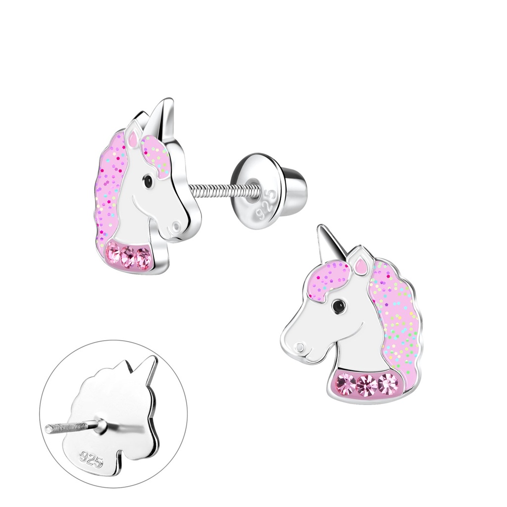 [10013292] Silver Unicorn Screw Back Bullet Earrings