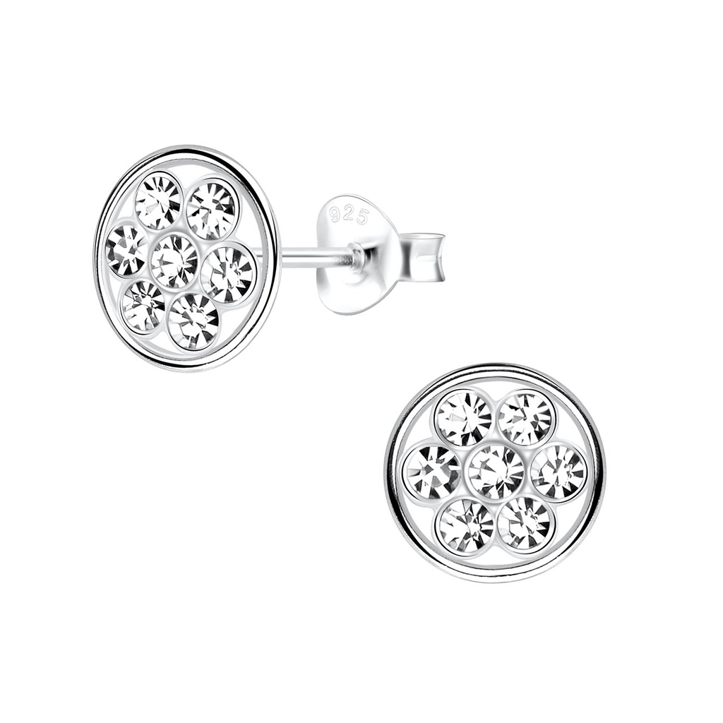 Silver Flower Crystal Stud Earrings
