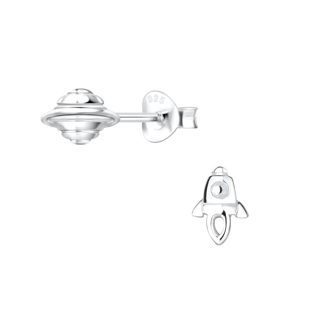 Silver Rocket and Saturn Stud Earrings