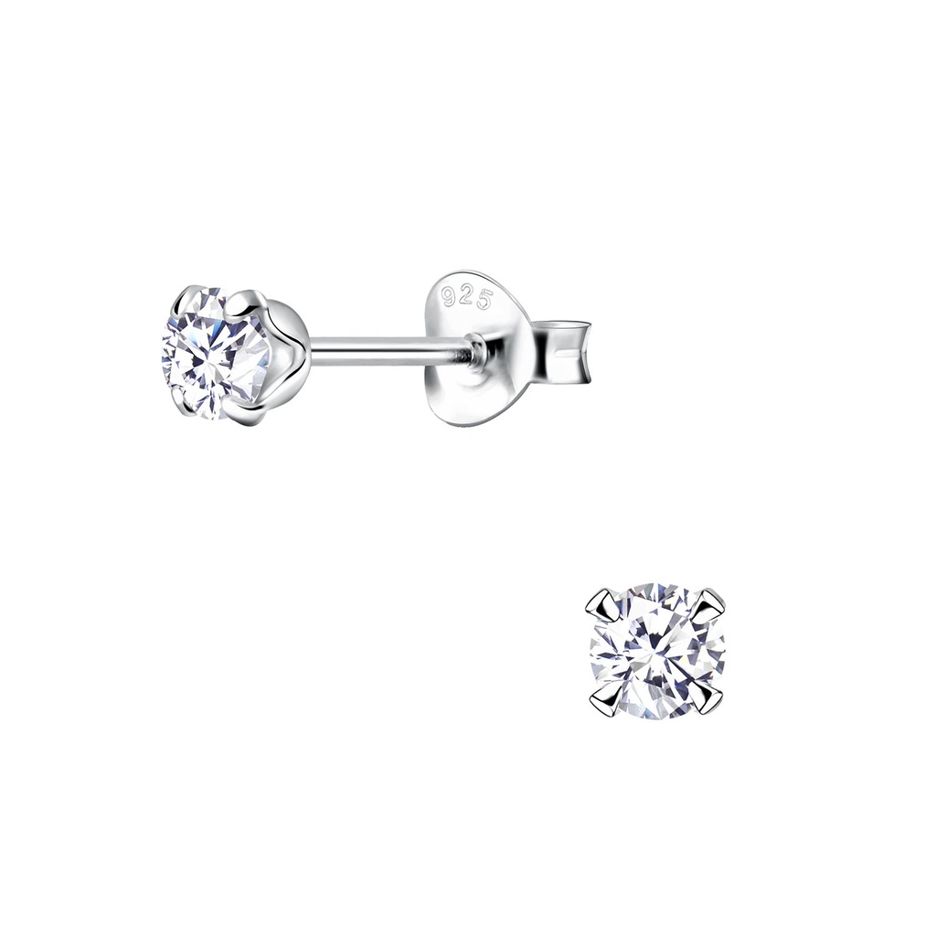 Puces d'oreilles en argent zircon rond 4 mm