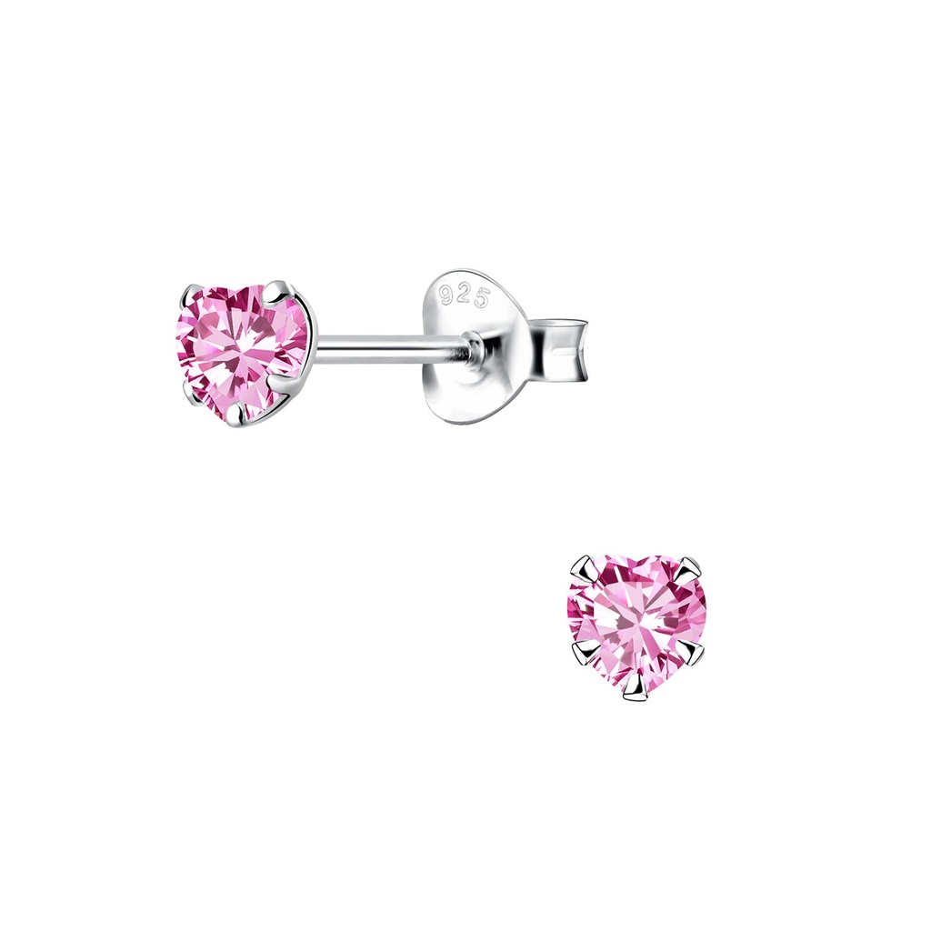 [10014213] 4mm Heart Cubic Zirconia Stud Earrings (Pink)