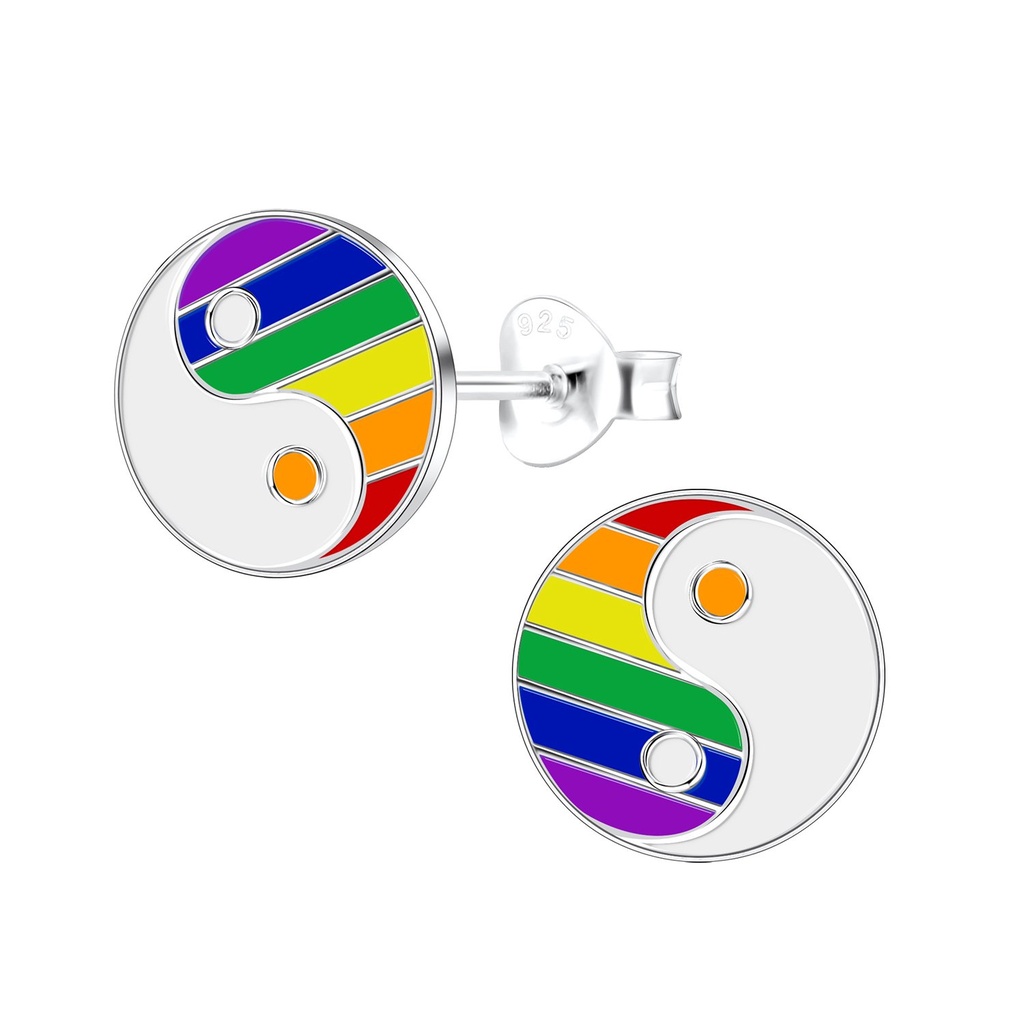 Silver Rainbow Yin Yang Stud Earrings