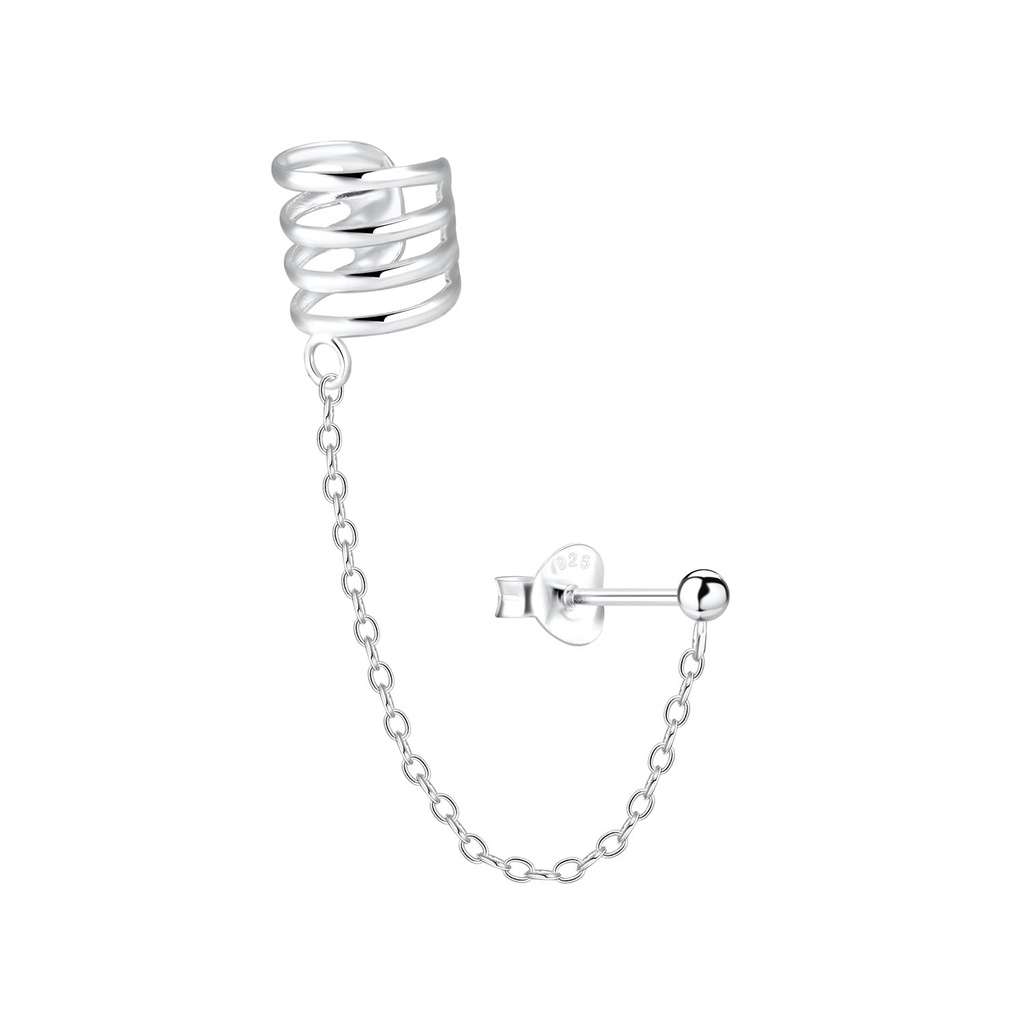 Puce d'oreille boule et ear cuff quatre lignes en argent avec chaîne