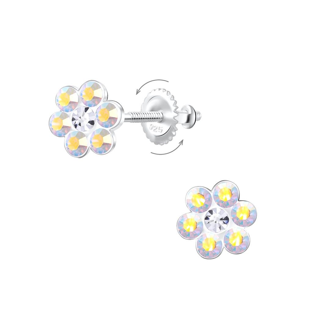 [10014297] Silver Flower Crystal Screw Back Earrings