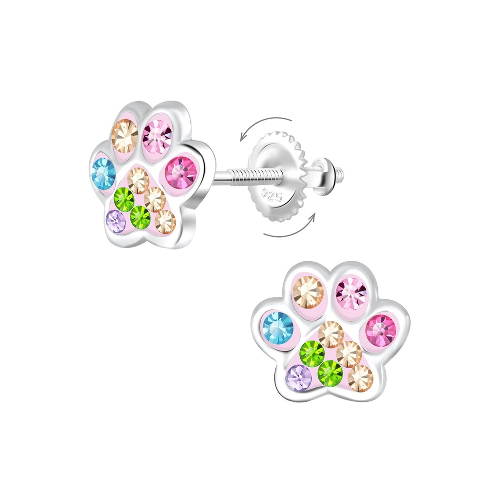 [10014350] Boucles d'oreilles à fermoir à vis empreinte de patte en argent cristal