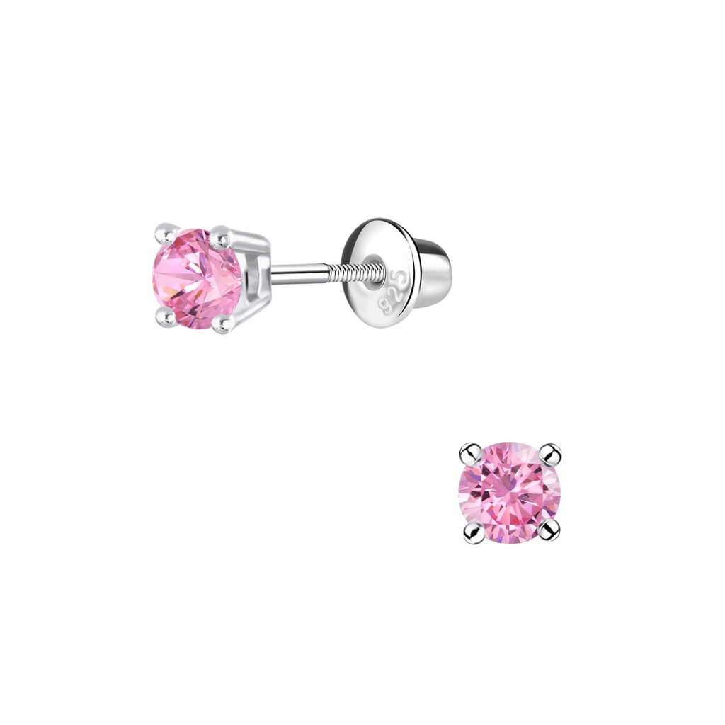 [10022673] Boucles d'oreilles bullet à fermoir à vis en argent zircon rond 4 mm (Pink)