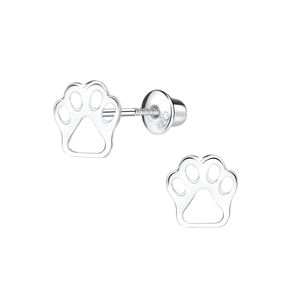 Silver Paw Print Screw Back Bullet Earrings