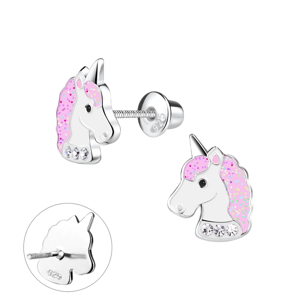 Silver Unicorn Screw Back Bullet Earrings