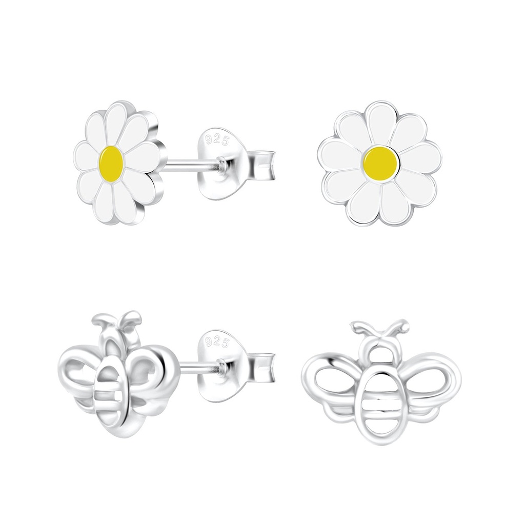 Lot de puces d'oreilles fleur et abeille en argent