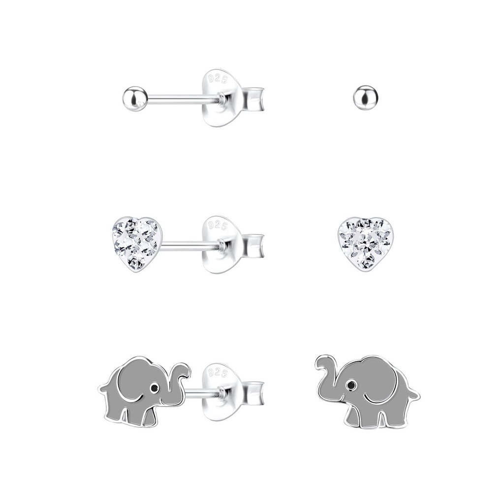 [10014257] Silver Elephant Stud Earrings Set