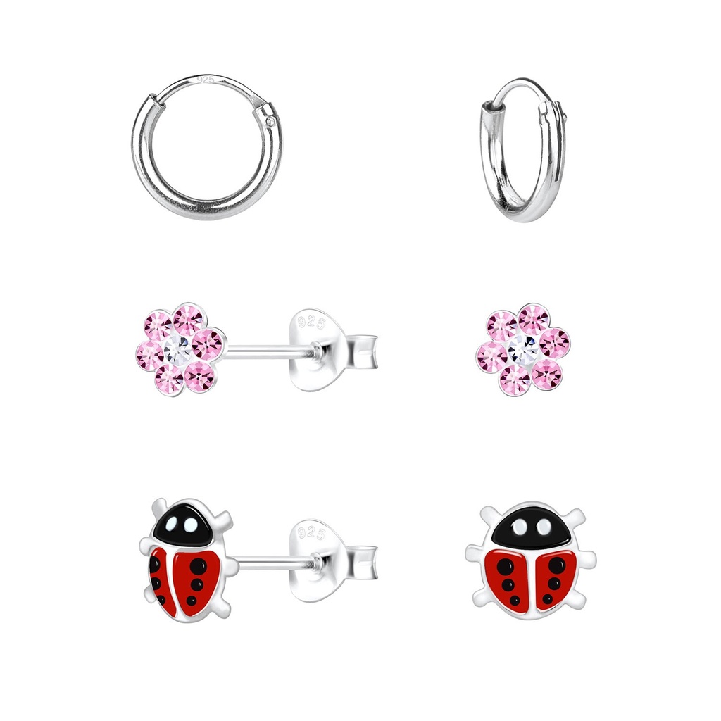 [10014249] Silver Flower and Ladybug Stud Earrings Set