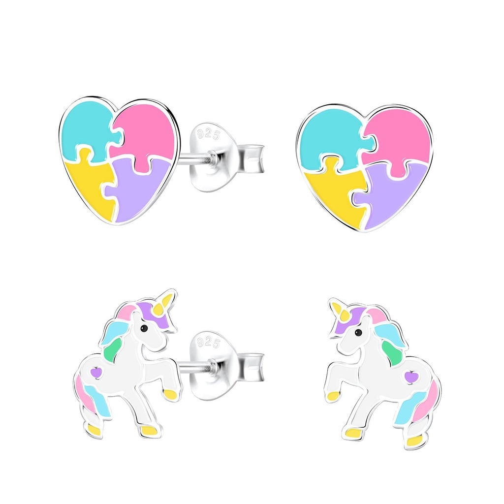Silver Unicorn Lovers Stud Earrings Set