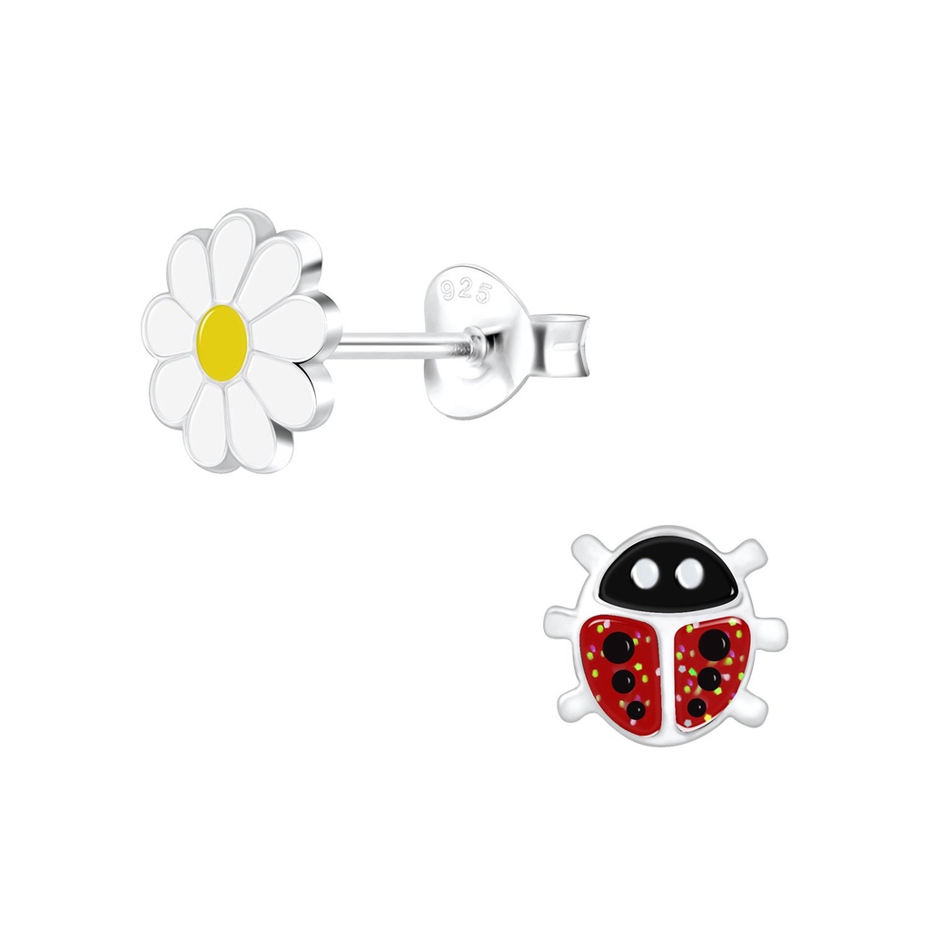 [10014171] Puces d'oreilles coccinelle et fleur en argent