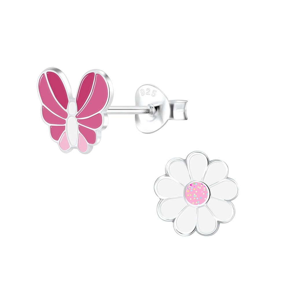 Puces d'oreilles papillon et fleur en argent