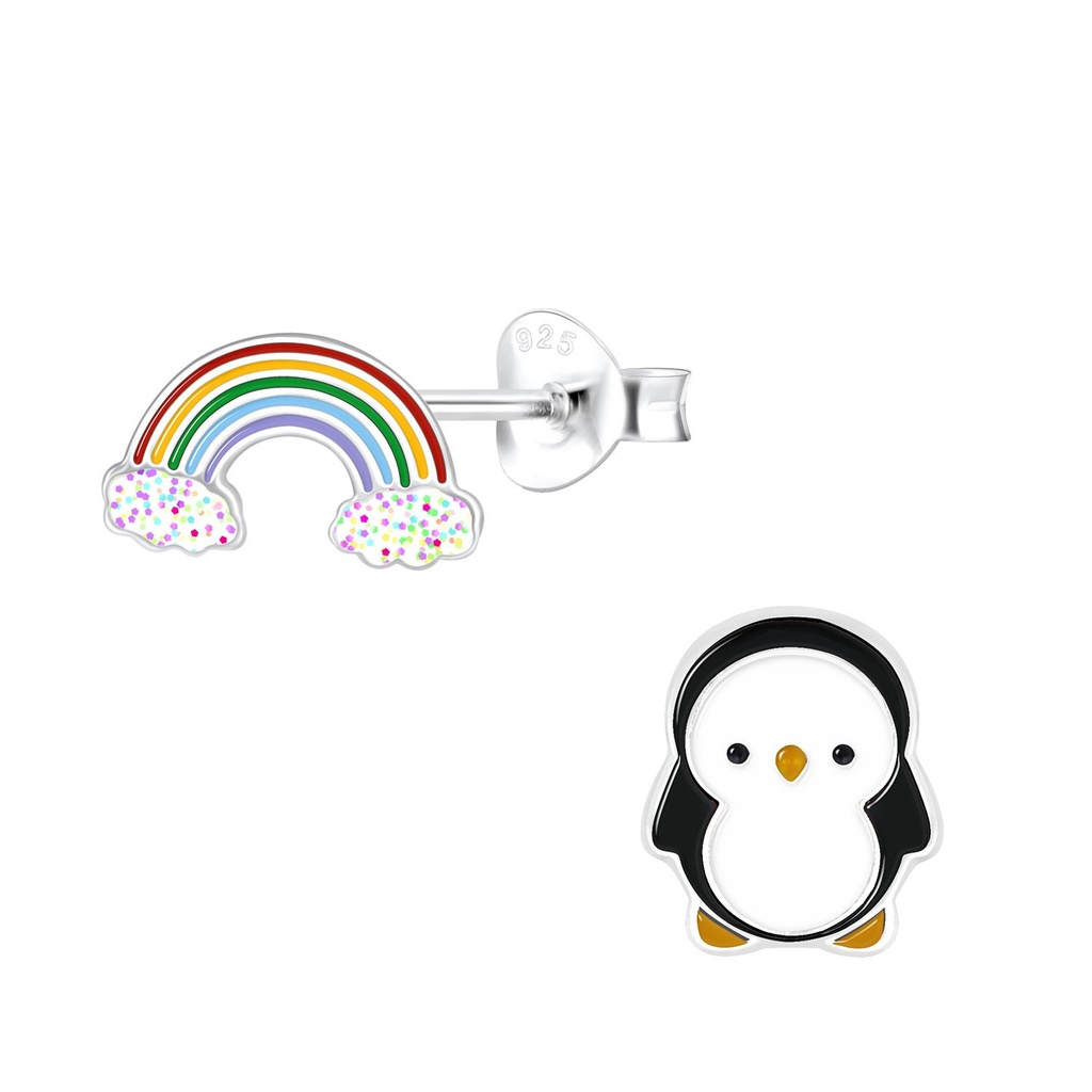 Silver Rainbow and Penguin Stud Earrings
