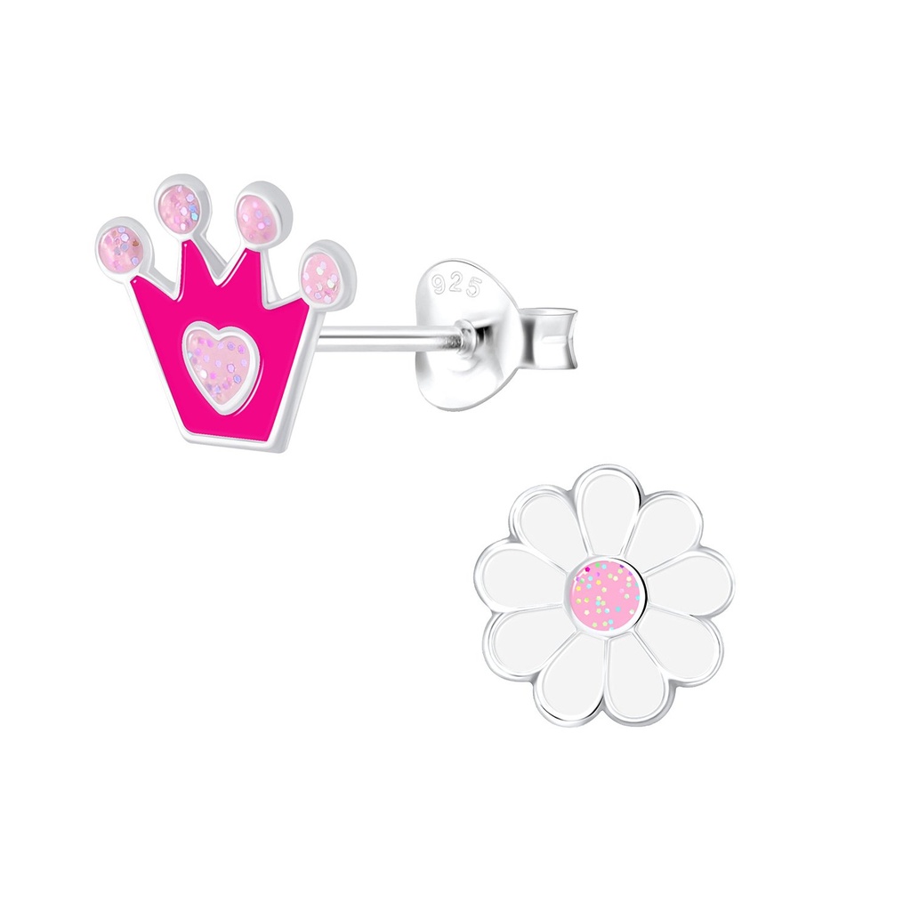 Puces d'oreilles couronne et fleur en argent