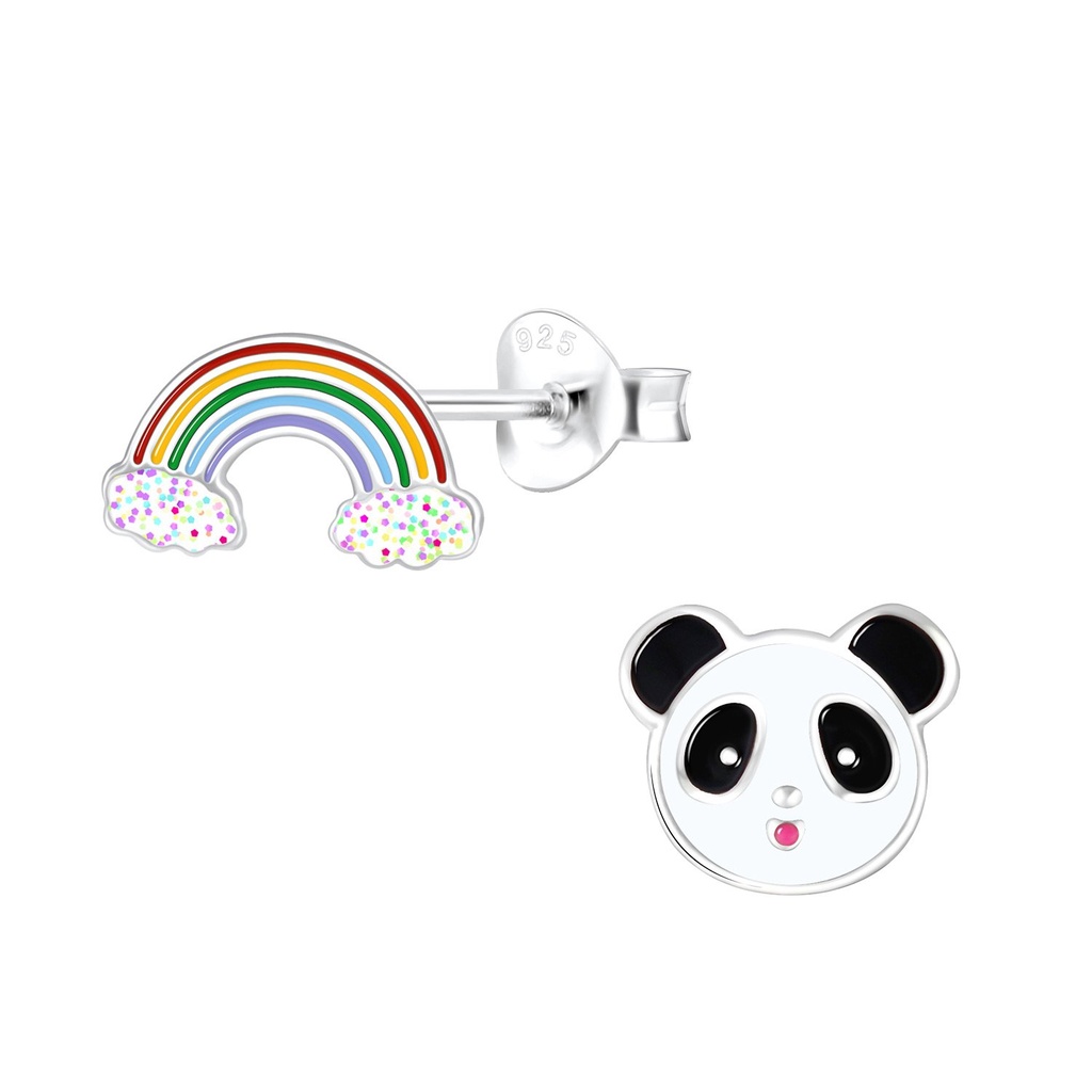 Silver Rainbow and Panda Stud Earrings